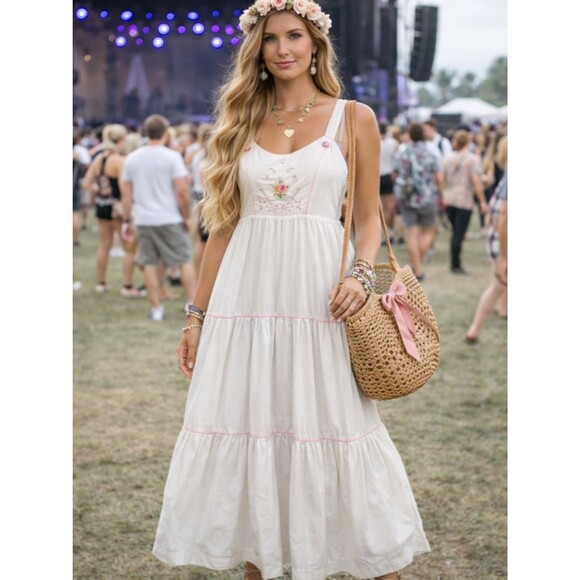 Vintage Dresses & Skirts - Vintage Young Edwardian Prairie Dress Cottagecore Boho Maxi White Size 11 = S-XS